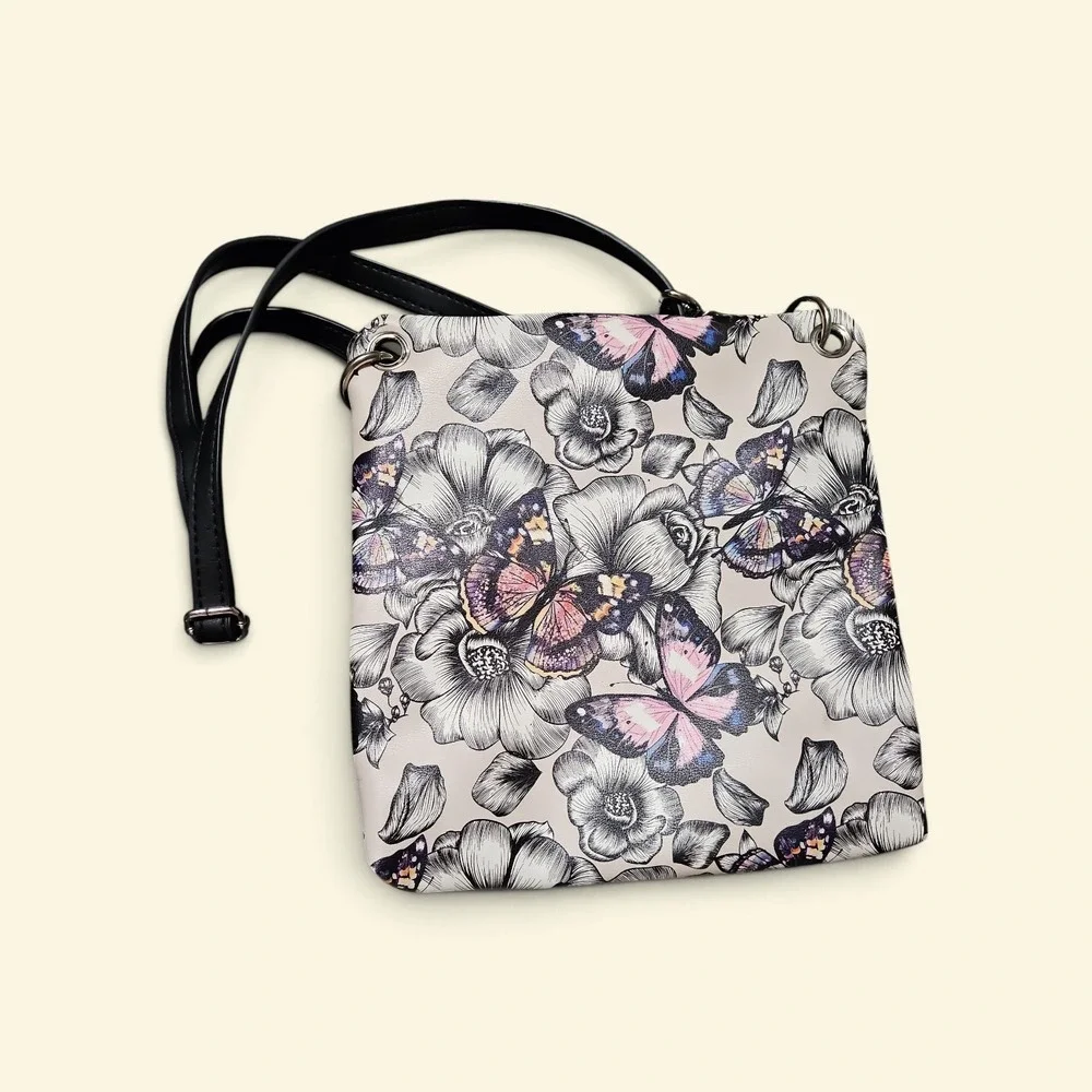 KOLTOV Floral Butterfly Crossbody Bag Vegan Leather Slim Messenger Purse Black